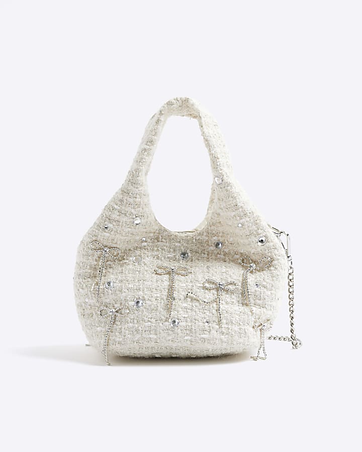 River Island Cream Boucle Diamante Bow Clutch Bag