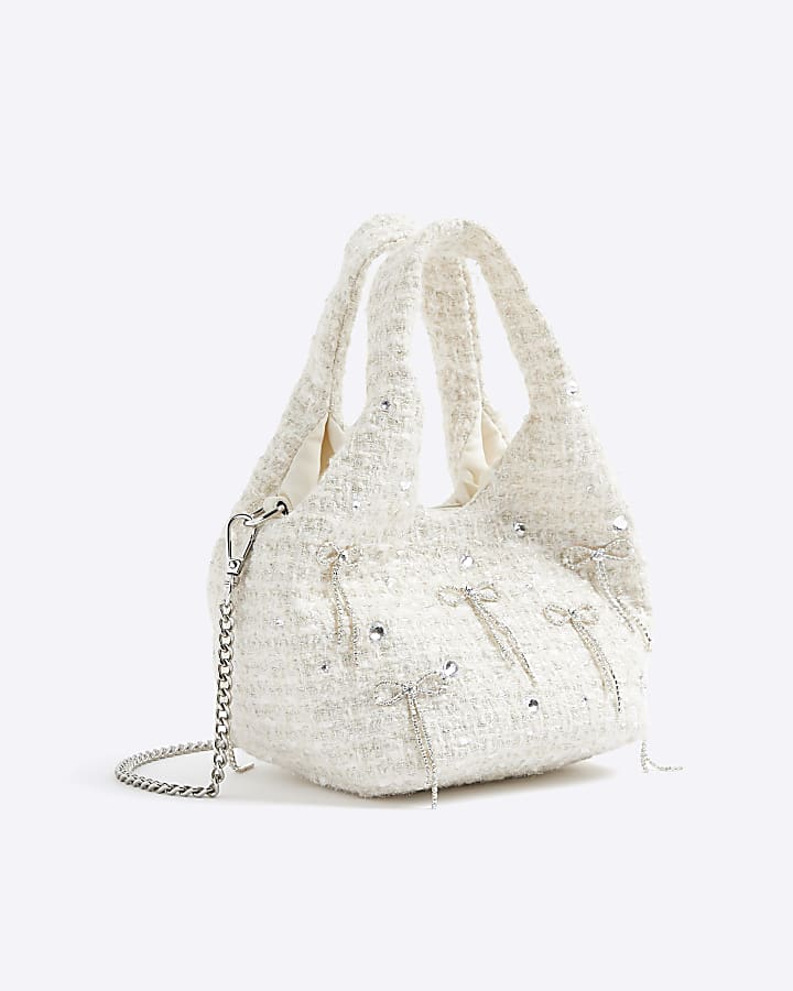River Island Cream Boucle Diamante Bow Clutch Bag