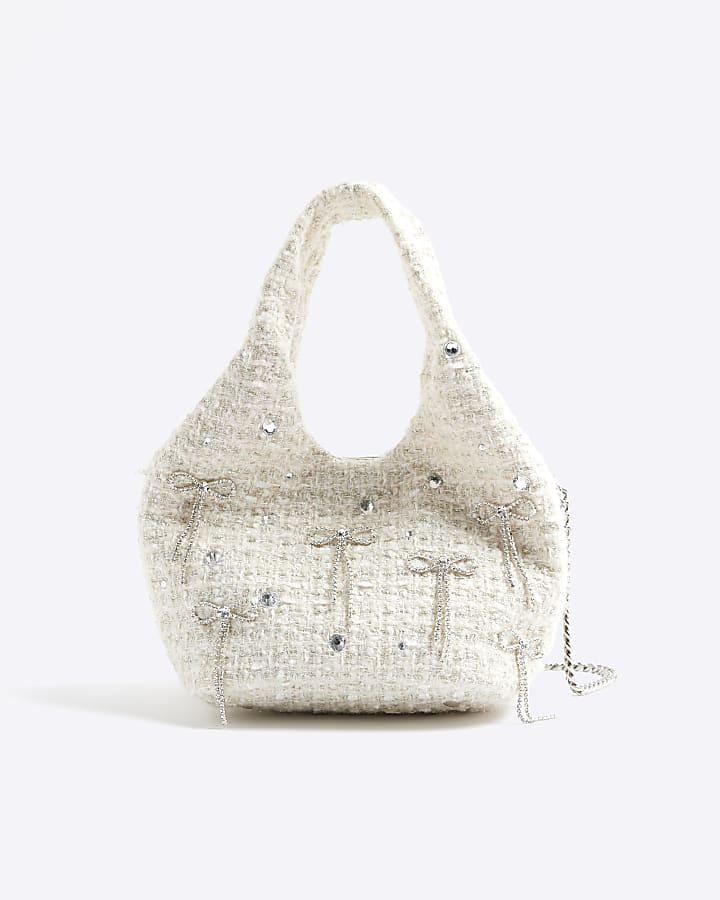 River Island Cream Boucle Diamante Bow Clutch Bag