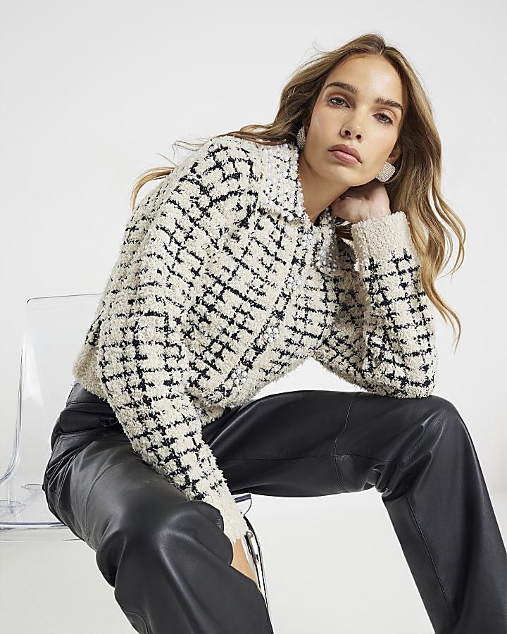 River Island Cream Boucle Knit Pearl Trim Cardigan