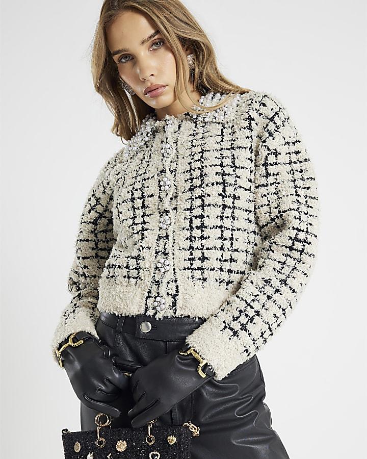 River Island Cream Boucle Knit Pearl Trim Cardigan