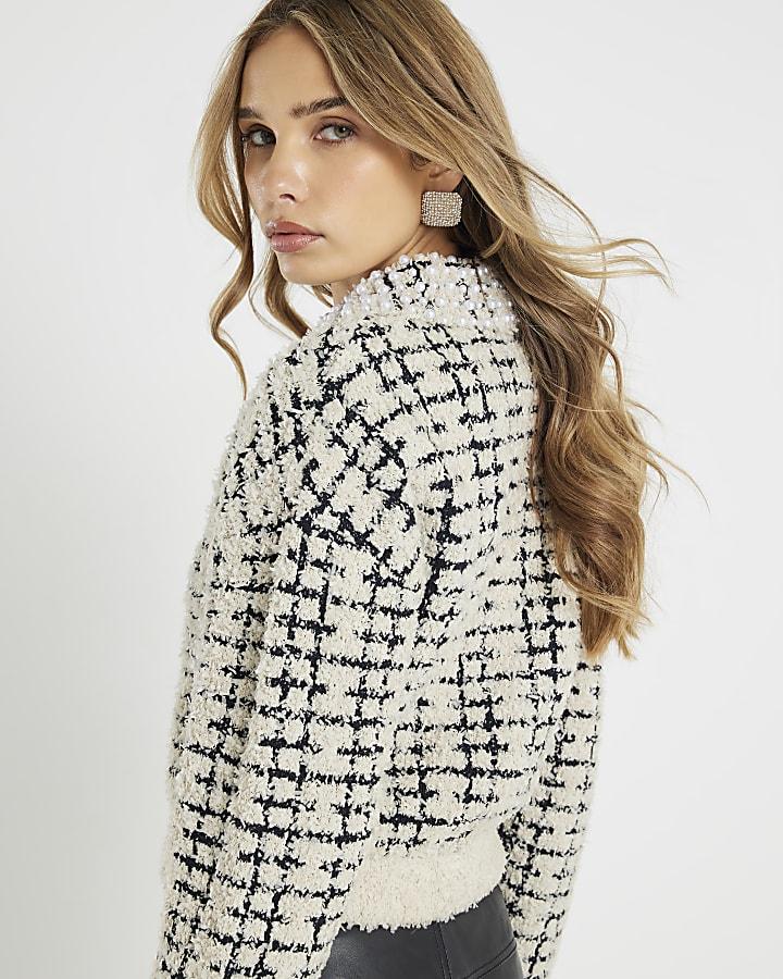 River Island Cream Boucle Knit Pearl Trim Cardigan