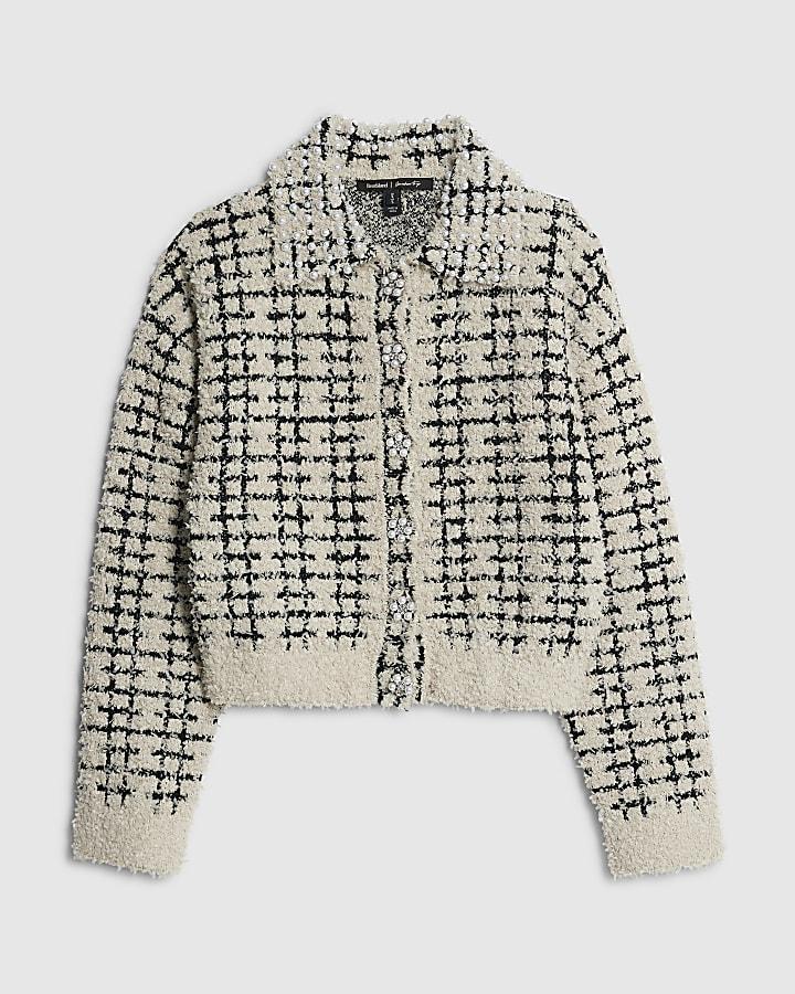 river island Cream Boucle Knit Pearl Trim Cardigan