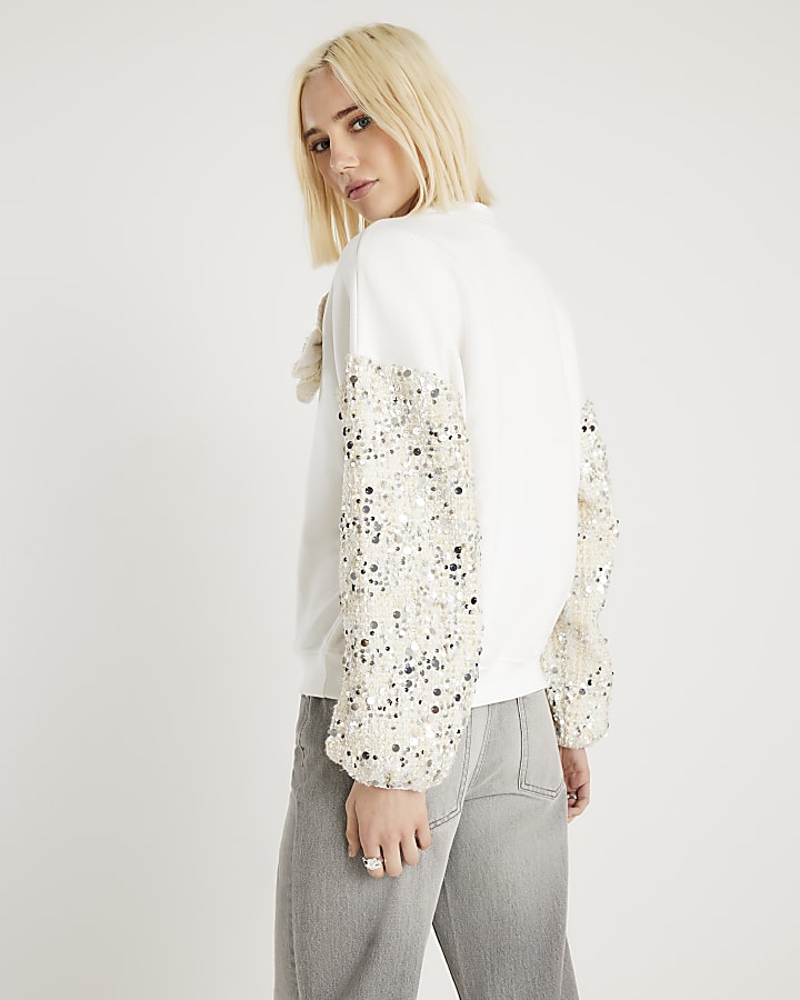 River Island Cream Boucle Trim Sweatshirt