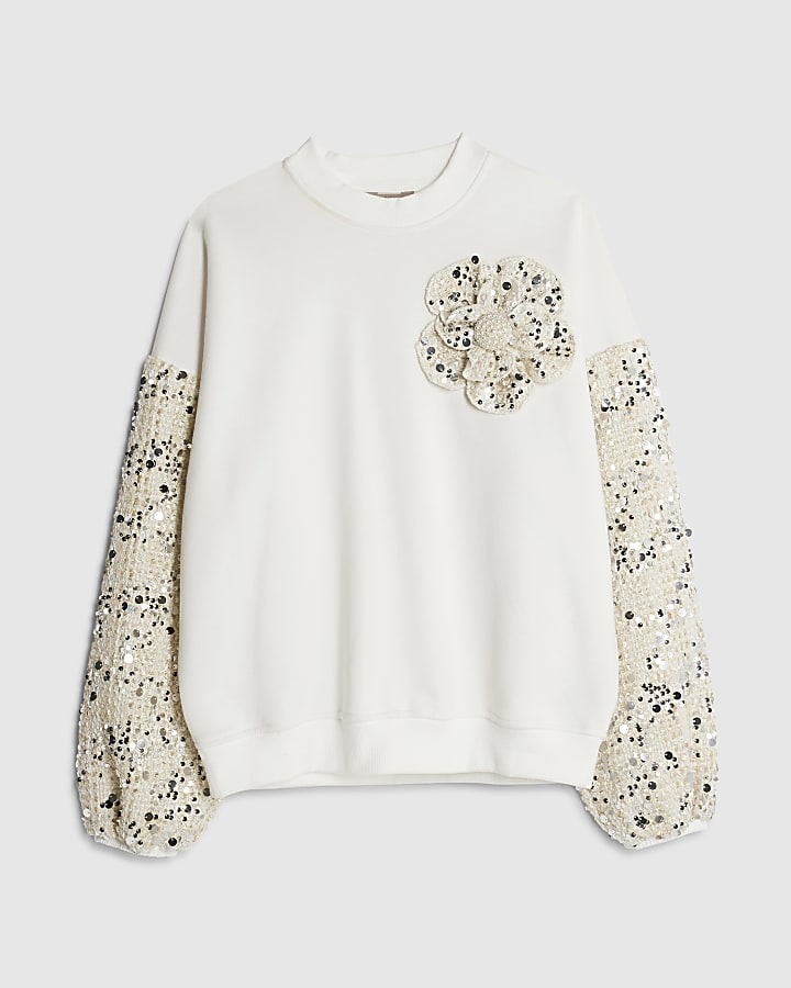river island Cream Boucle Trim Sweatshirt