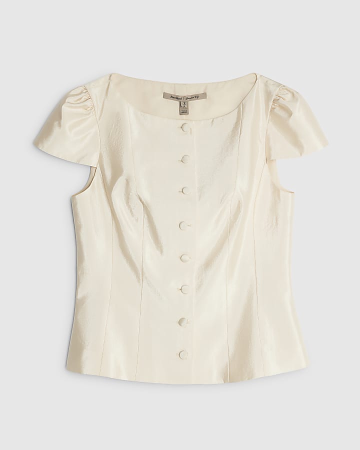 river island Cream Button Up Puff Sleeve Top