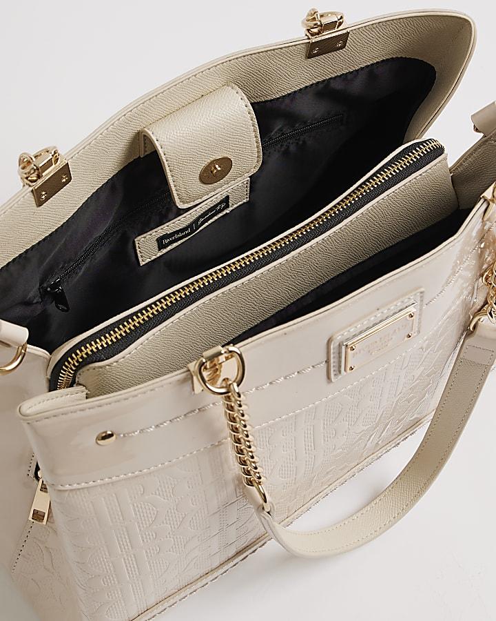 river island Cream Chain Handle Embossed Tote Bag