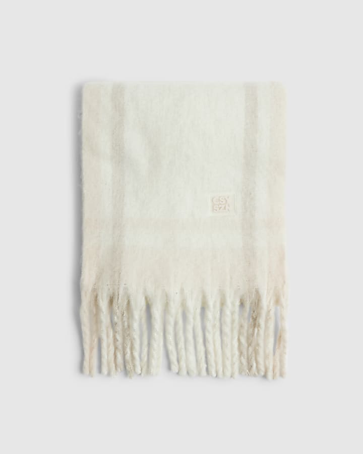 River Island Cream Check Fluffy Scarf