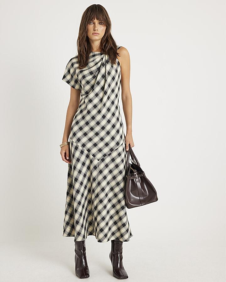 River Island Cream Check Print Knot Maxi Dress