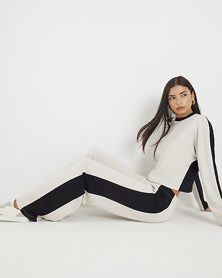 River Island Cream Colour Block Wide Leg Trousers