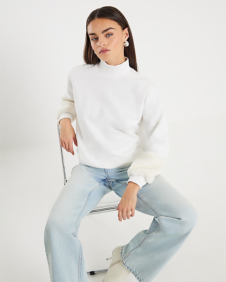 River Island Cream Faux Fur Cuff Sweatshirt