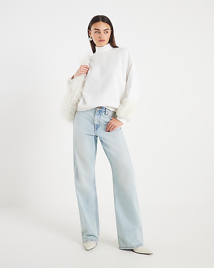 River Island Cream Faux Fur Cuff Sweatshirt