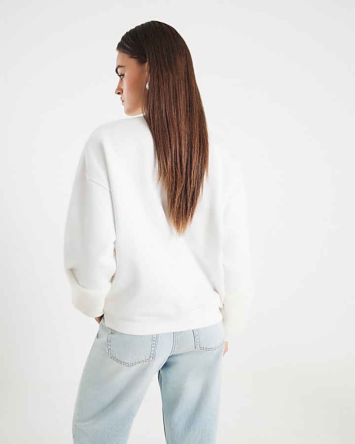 River Island Cream Faux Fur Cuff Sweatshirt