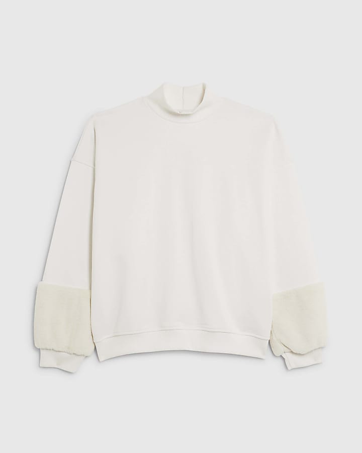 river island Cream Faux Fur Cuff Sweatshirt