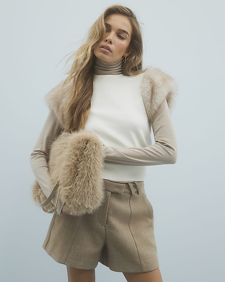 River Island Cream Faux Fur Short Sleeve Top