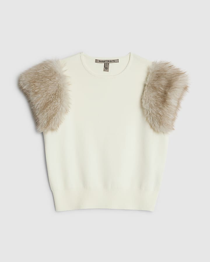 river island Cream Faux Fur Short Sleeve Top