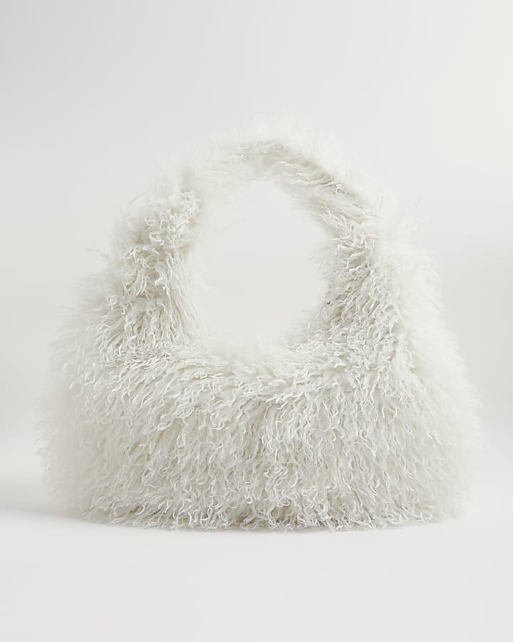 river island Cream Faux Fur Shoulder Bag