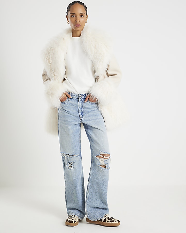 River Island Cream Faux Fur Swing Coat