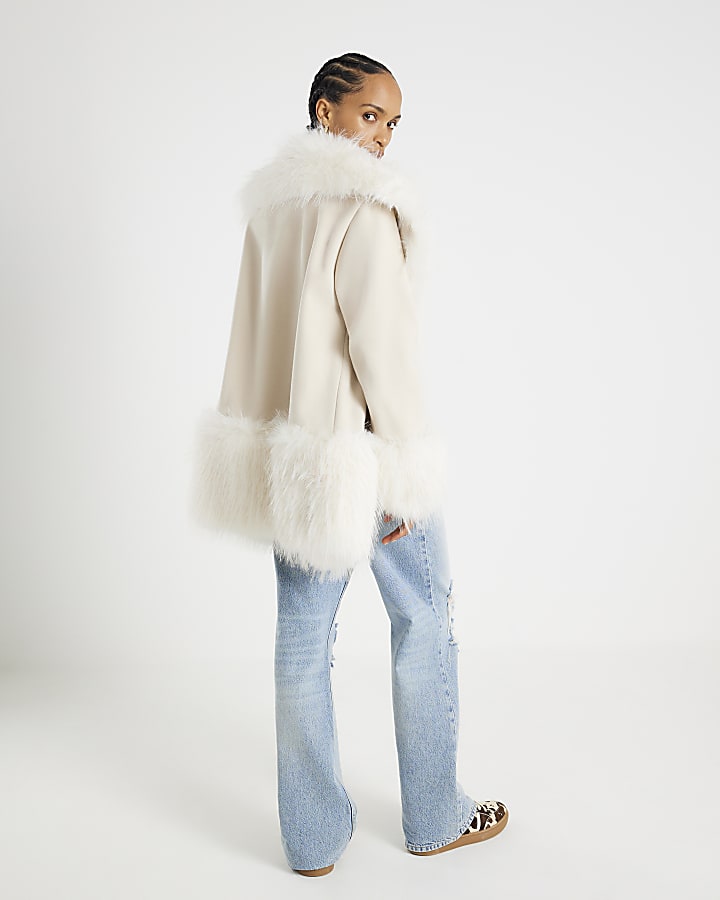 River Island Cream Faux Fur Swing Coat