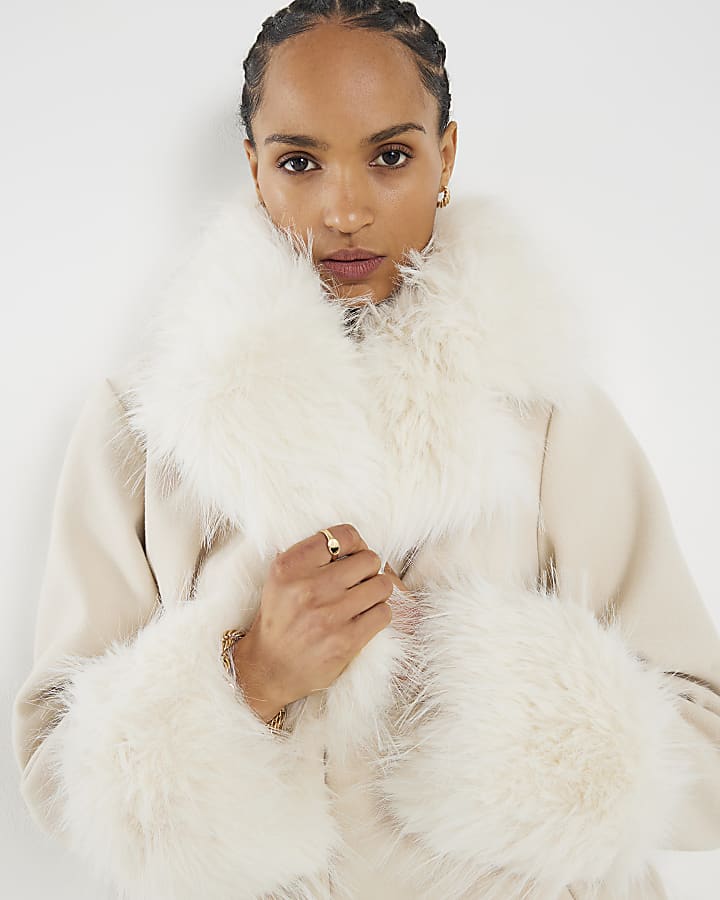 River Island Cream Faux Fur Swing Coat