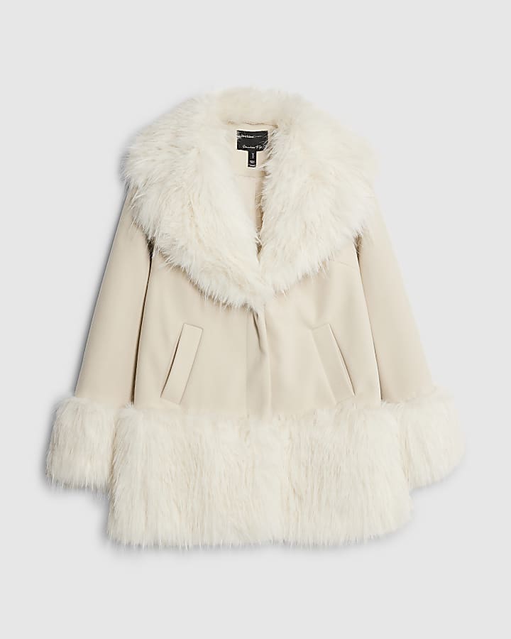 river island Cream Faux Fur Swing Coat
