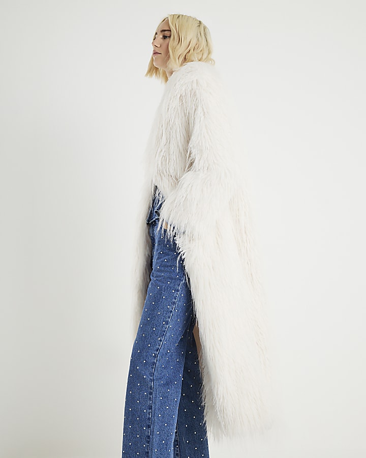 River Island Cream Faux Shaggy Fur Maxi Coat