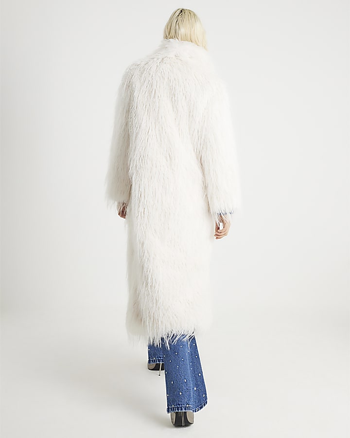 River Island Cream Faux Shaggy Fur Maxi Coat