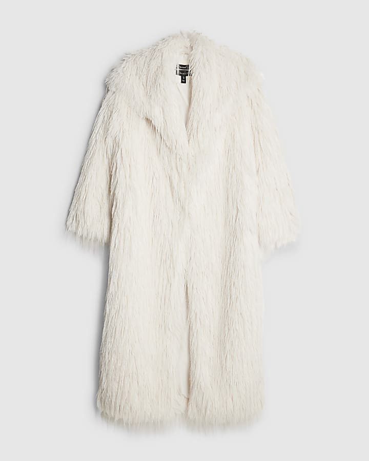 river island Cream Faux Shaggy Fur Maxi Coat