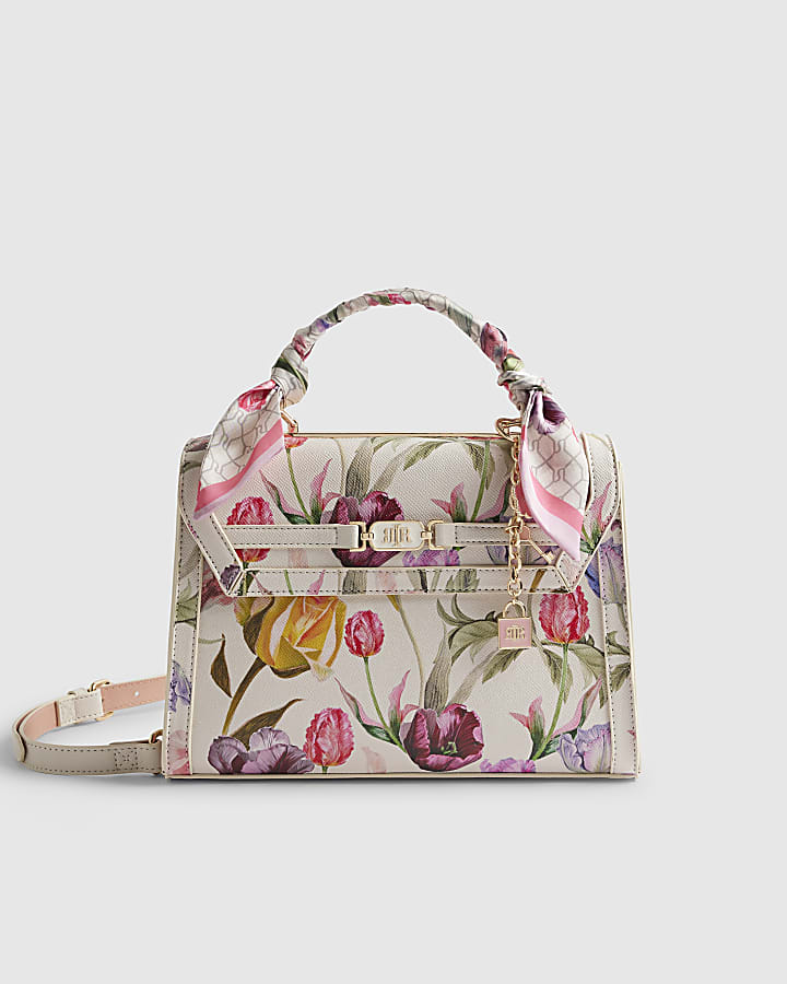 River Island Cream Floral Charm Tote Bag