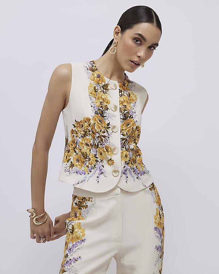 River Island Cream Floral Fitted Waistcoat