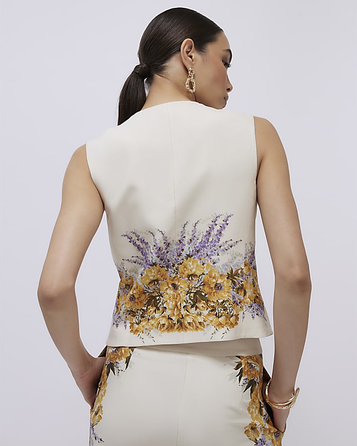 River Island Cream Floral Fitted Waistcoat