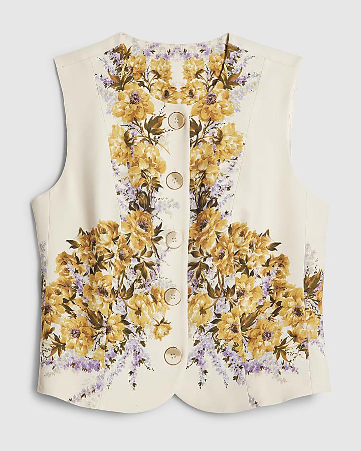 river island Cream Floral Fitted Waistcoat