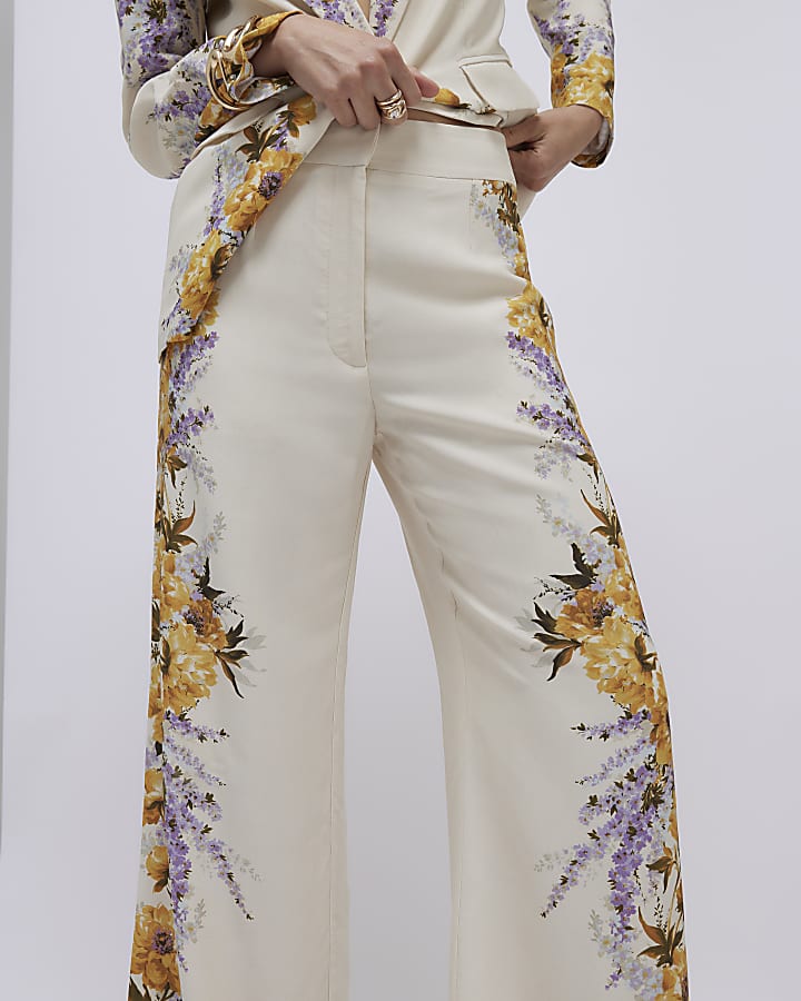 River Island Cream Floral Flared Trousers