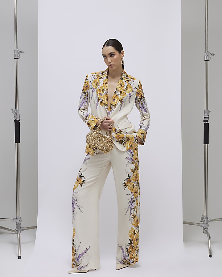 River Island Cream Floral Flared Trousers