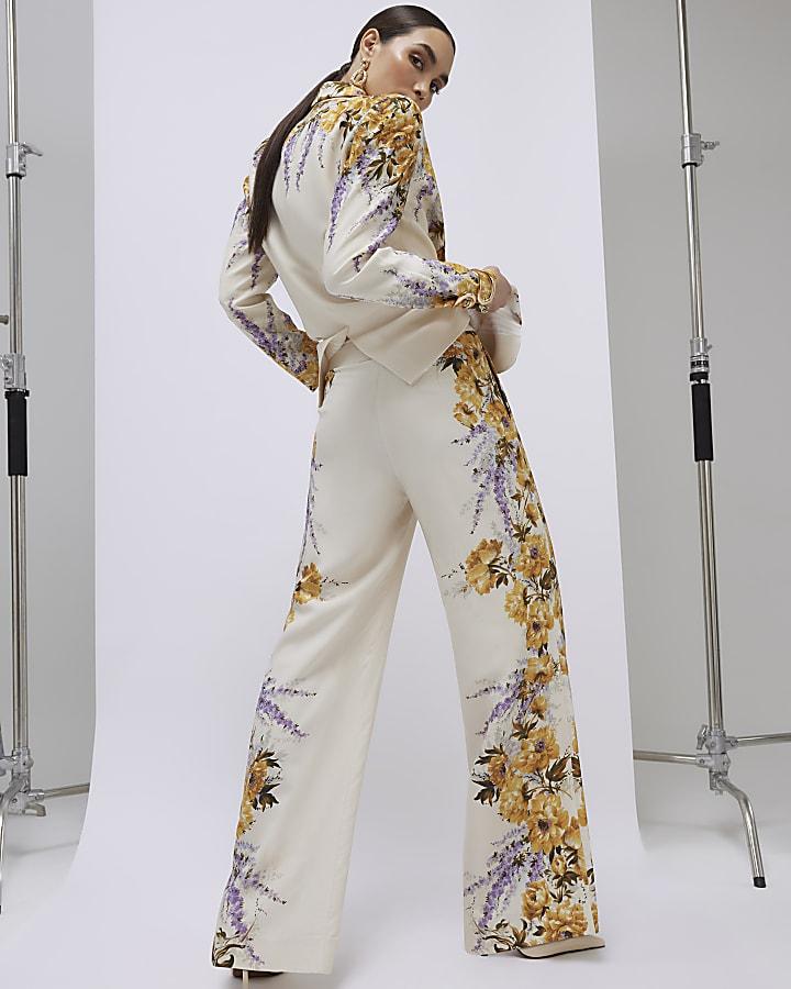 River Island Cream Floral Flared Trousers