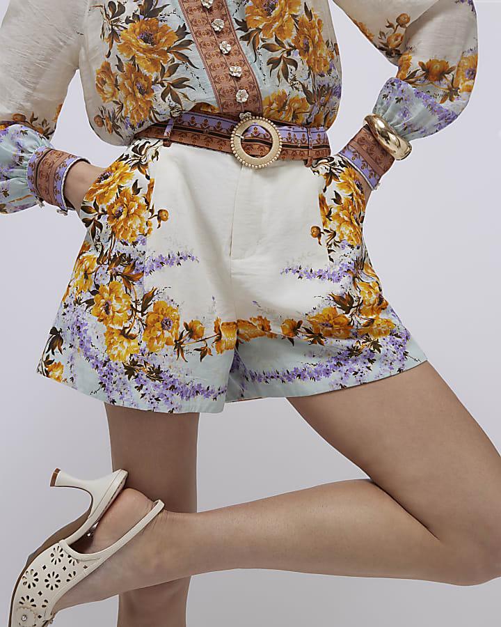 River Island Cream Floral Print Belted Shorts