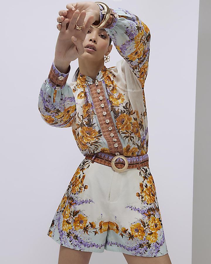 River Island Cream Floral Print Belted Shorts