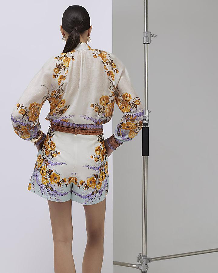 River Island Cream Floral Print Belted Shorts