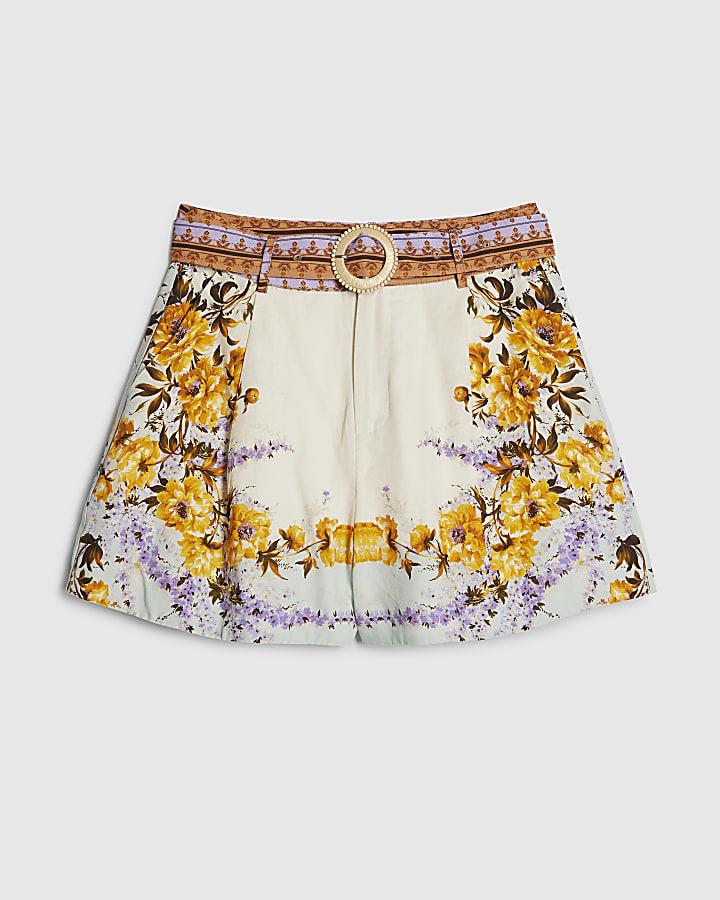 river island Cream Floral Print Belted Shorts