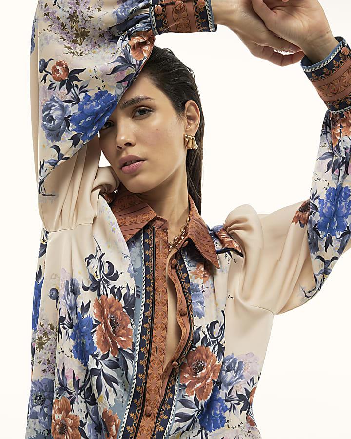 River Island Cream Floral Print Long Sleeve Shirt