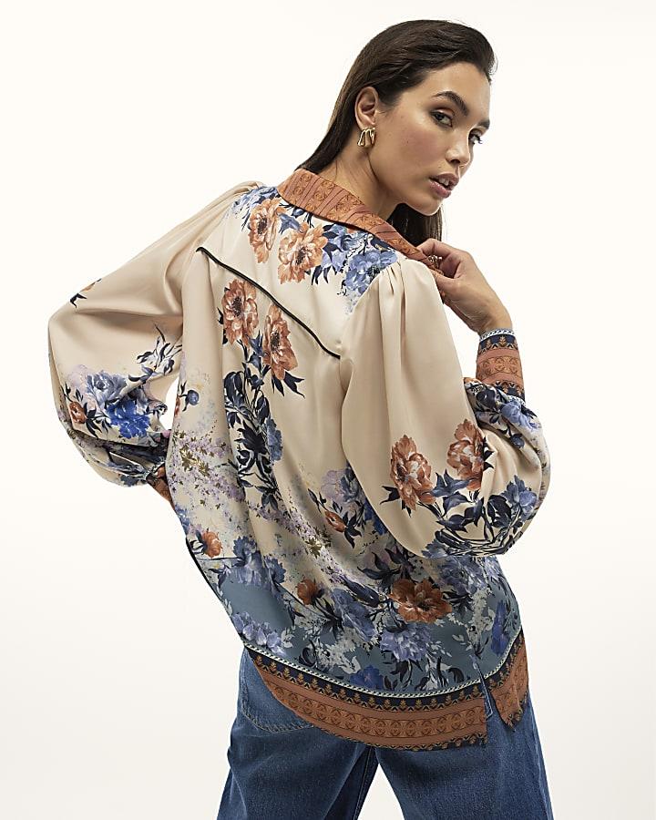 River Island Cream Floral Print Long Sleeve Shirt