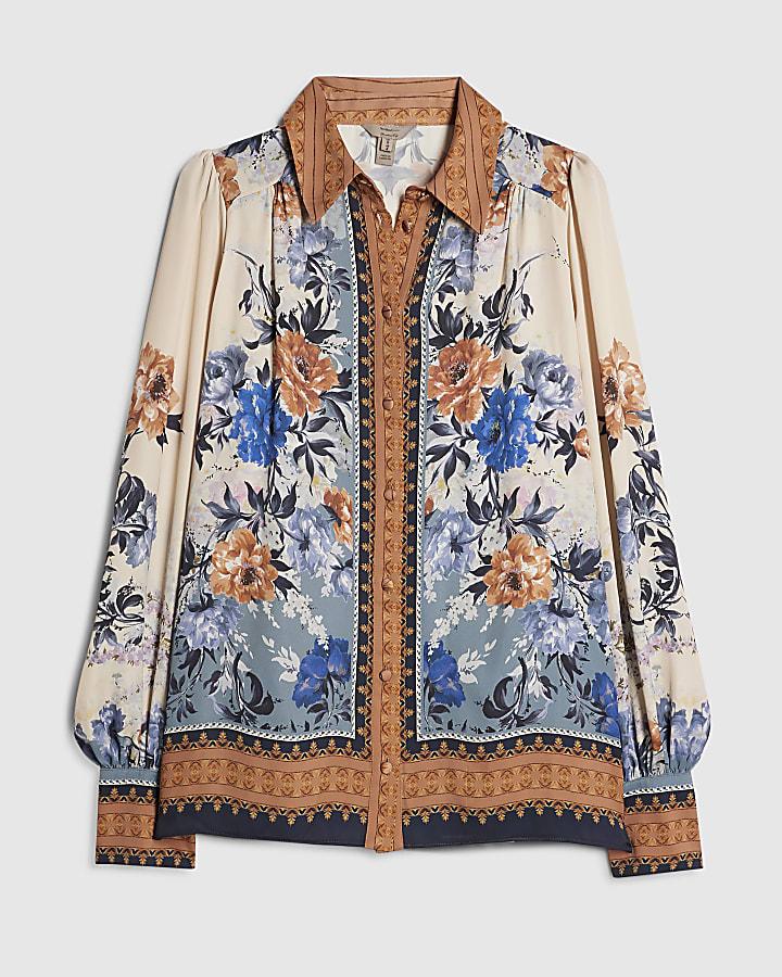 river island Cream Floral Print Long Sleeve Shirt