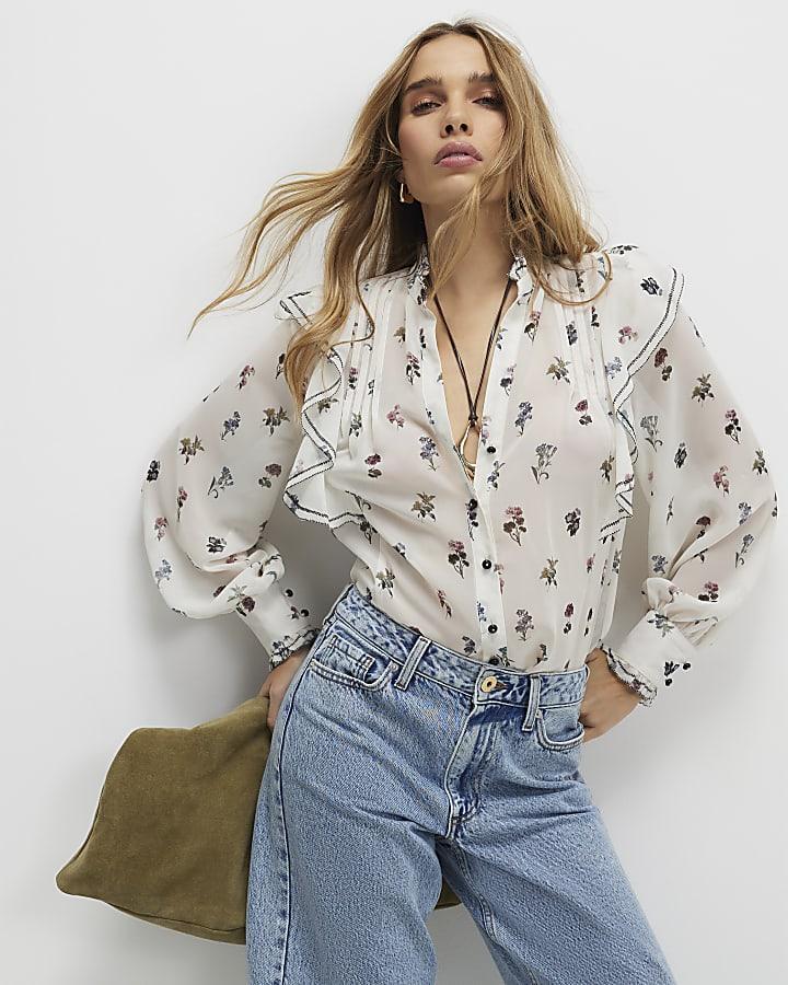 River Island Cream Floral Ruffle Detail Blouse