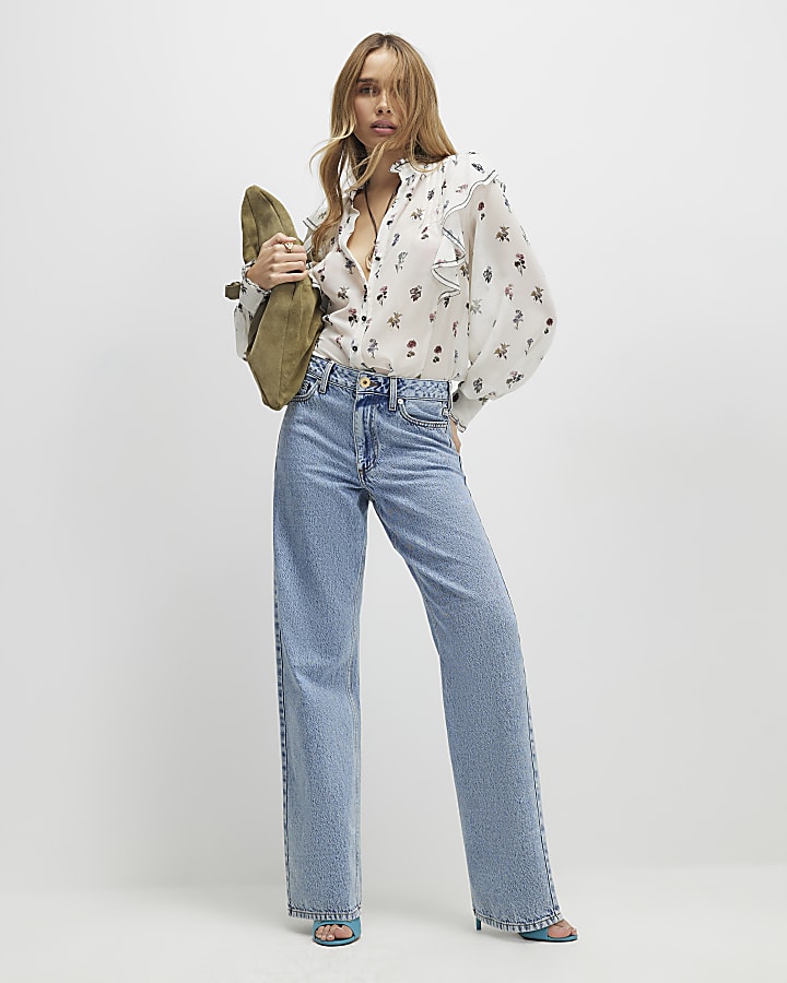 River Island Cream Floral Ruffle Detail Blouse