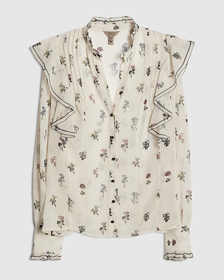 river island Cream Floral Ruffle Detail Blouse