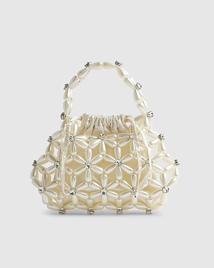 River Island Cream Flower Pearl Beaded Grab Bag