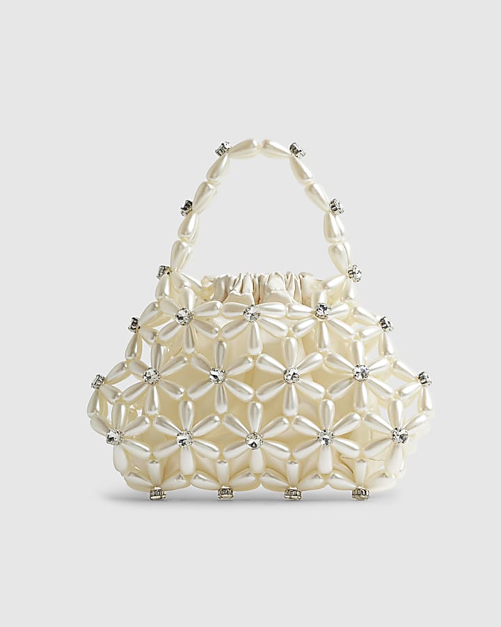 River Island Cream Flower Pearl Beaded Grab Bag