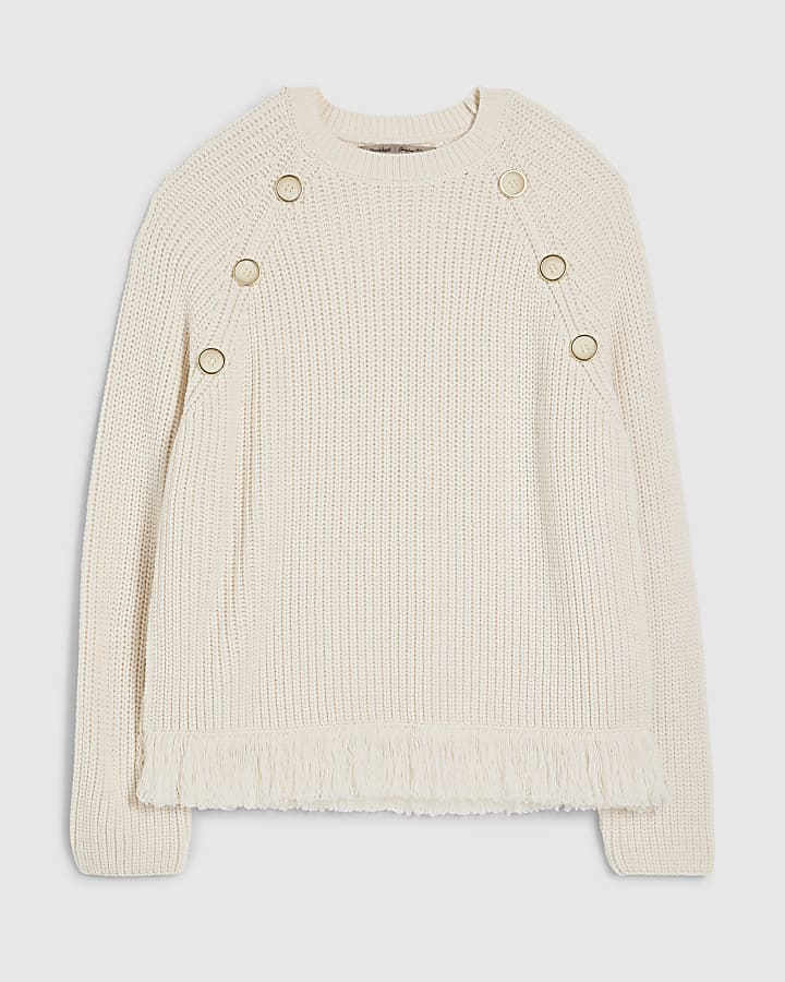 river island Cream Fringe Hem Rib Jumper