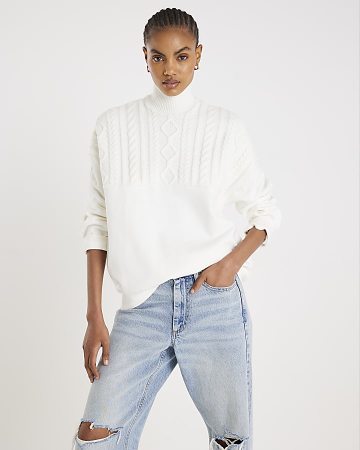 River Island Cream Knit Mix Roll Neck Sweatshirt