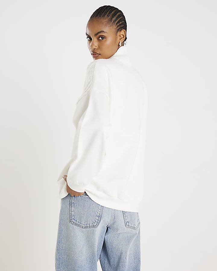 River Island Cream Knit Mix Roll Neck Sweatshirt